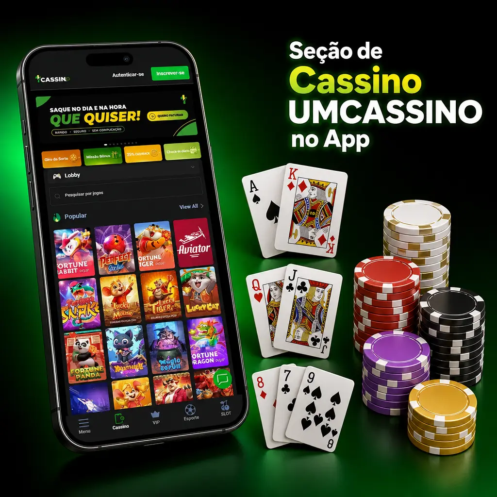Seção de cassino do app UMCASSINO exibindo categorias de jogos