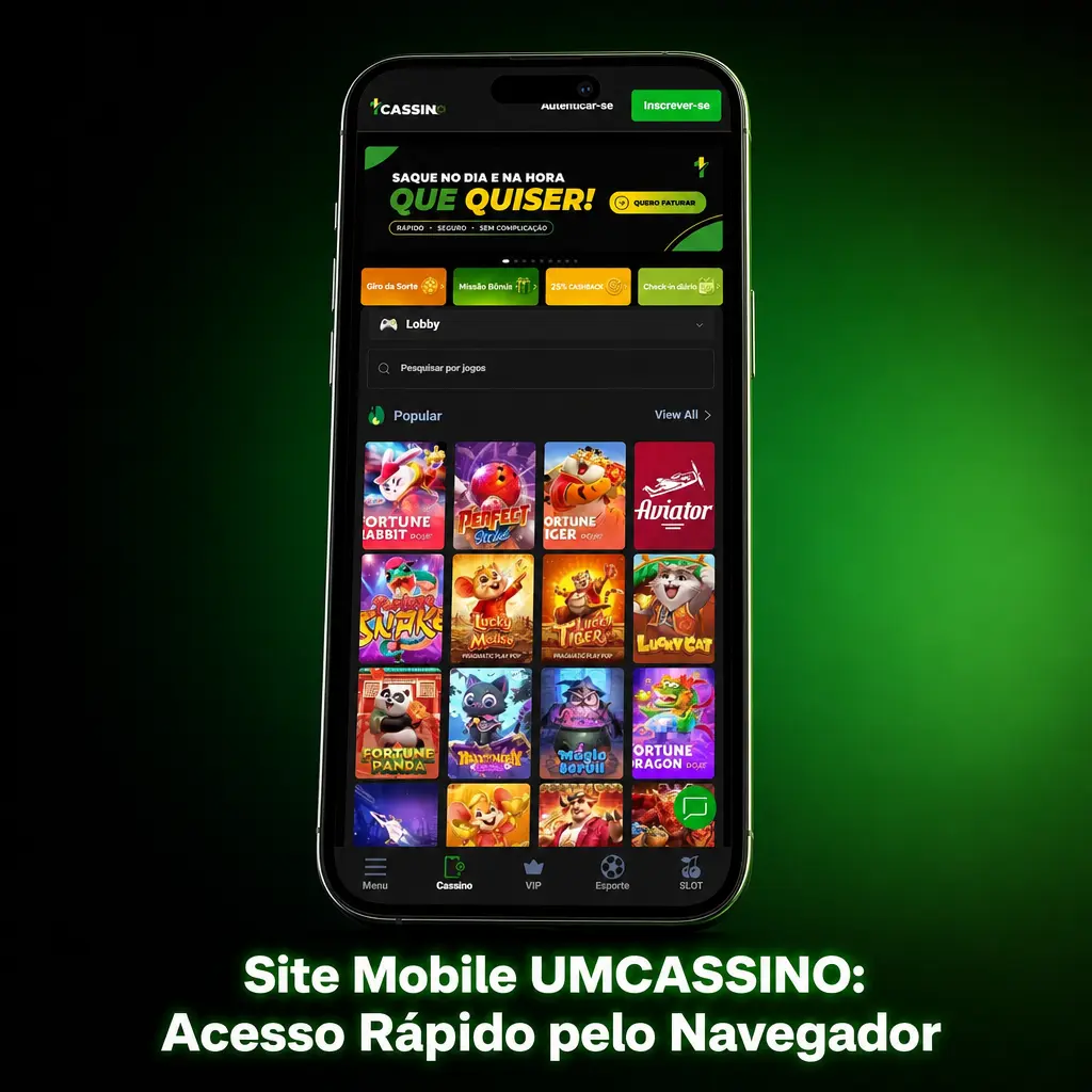 Acesso ao site mobile UMCASSINO pelo navegador do celular
